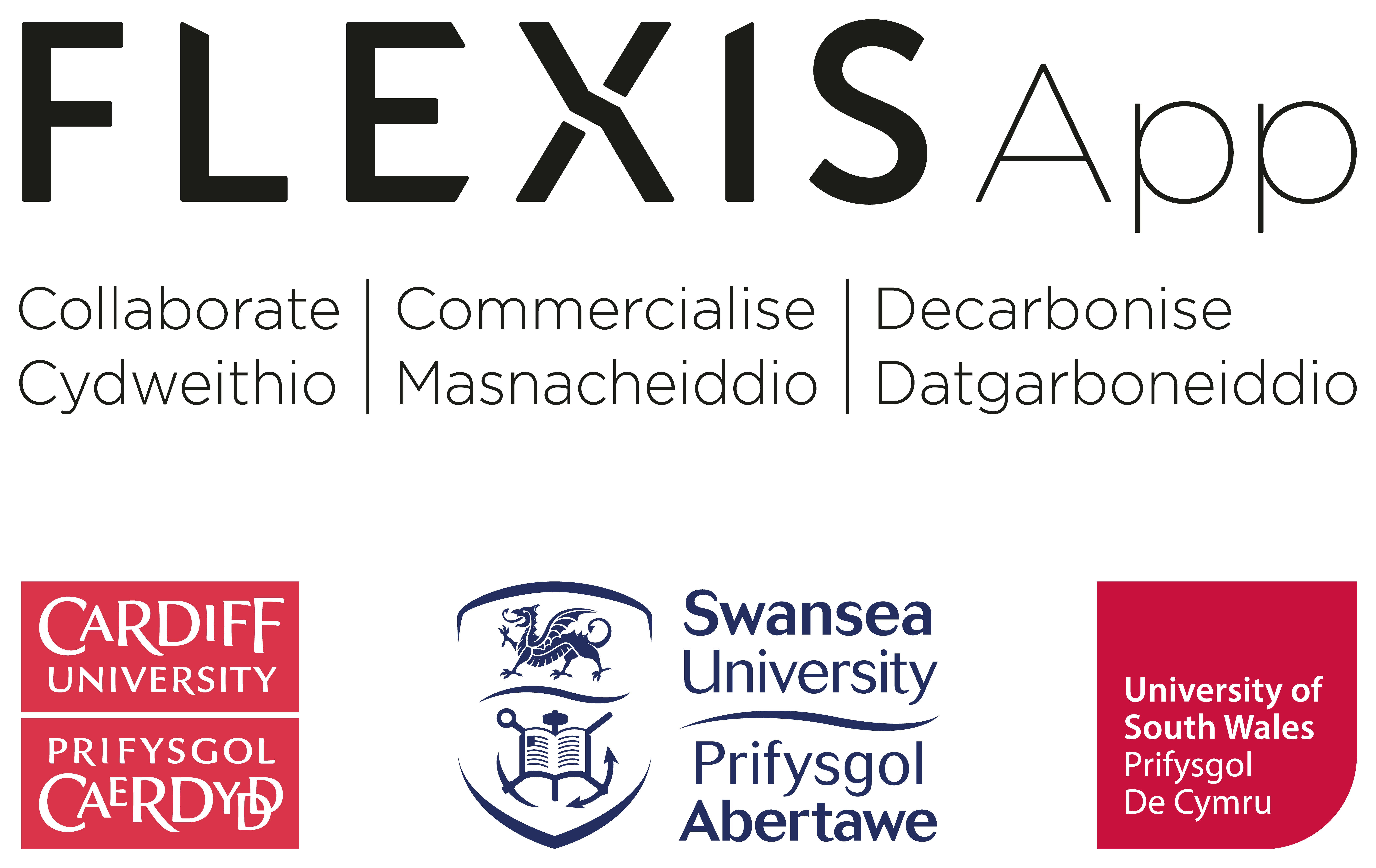FLEXISApp project logo with partnership universities Cardiff, Swansea and University of South Wales